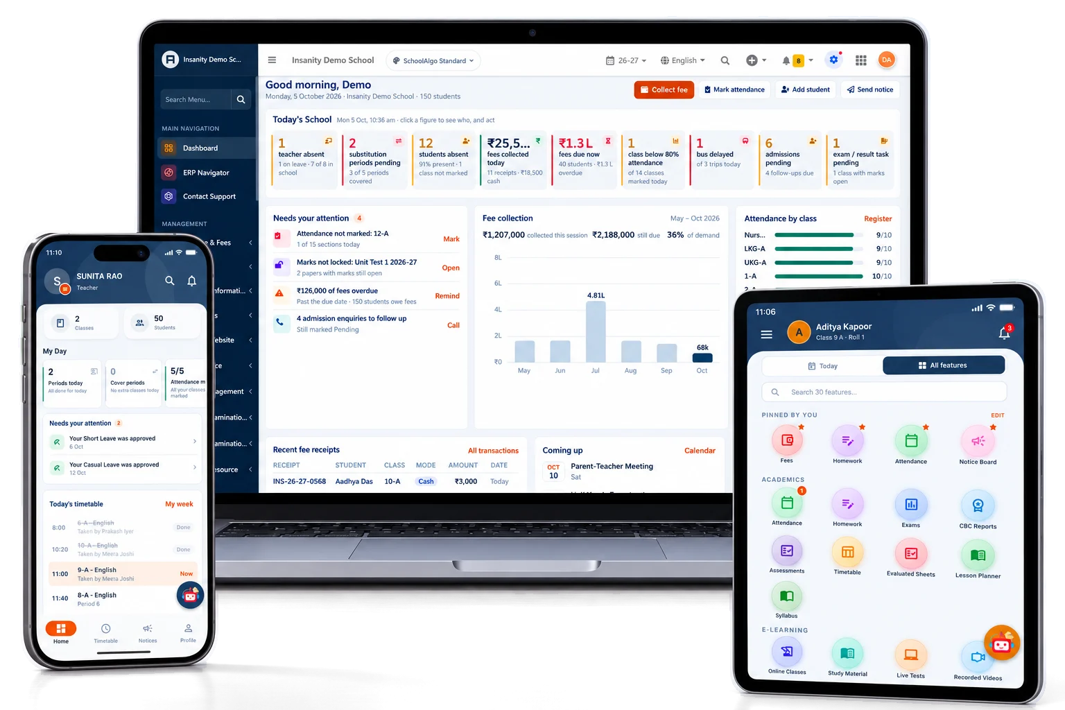 SchoolAlgo on a laptop, a teacher's phone and a parent's phone