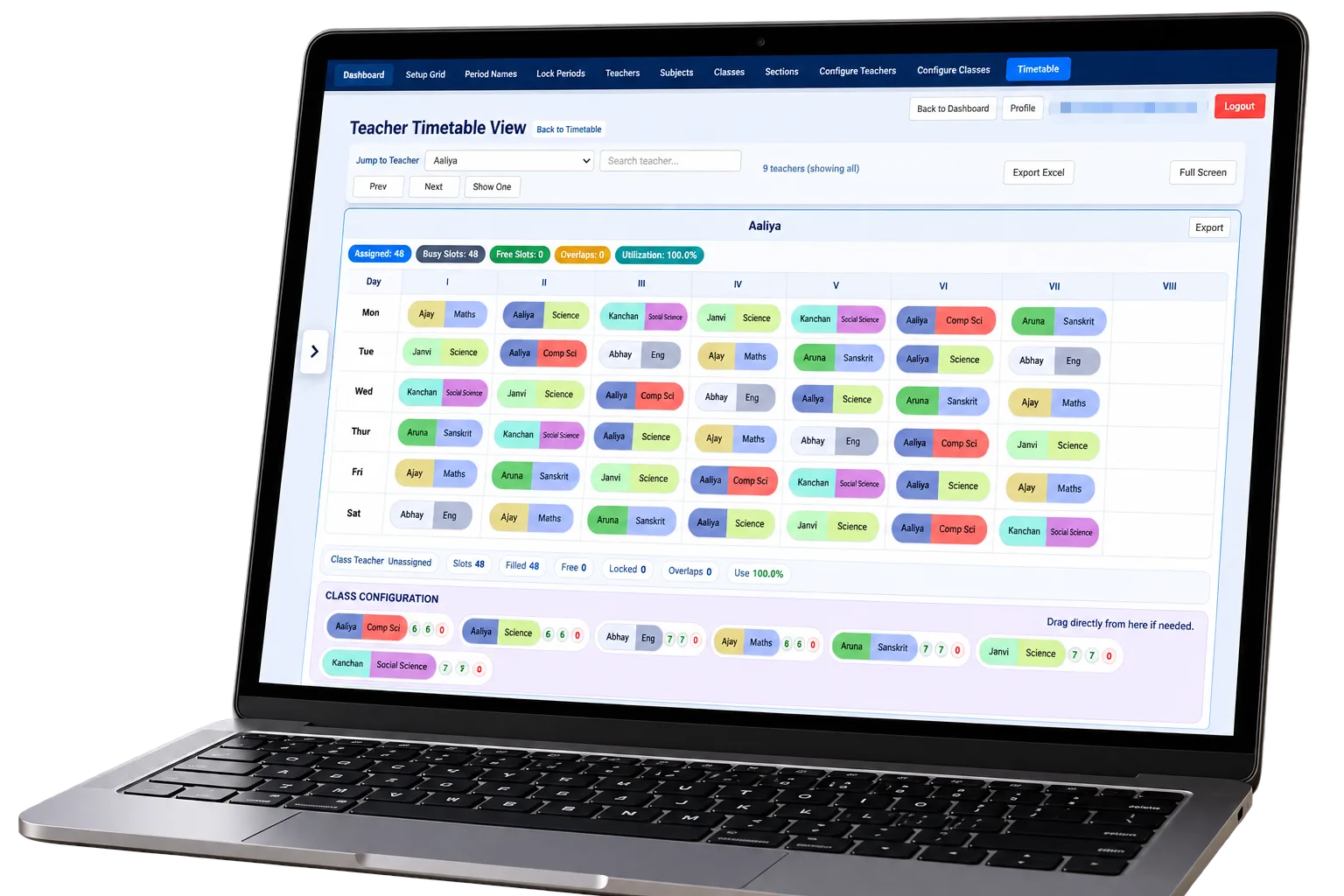 TimetableForMe teacher timetable view with assigned, free and overlap counts for each teacher